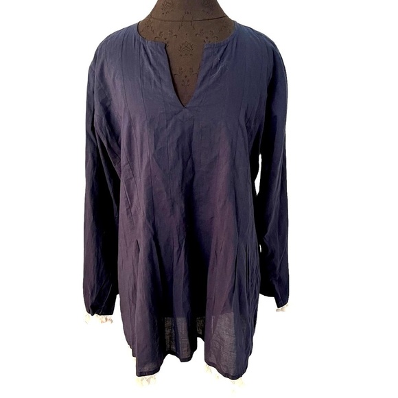 madison mathews Tops - Madison Mathews Navy Blue Tunic White PomPom Trim XL
